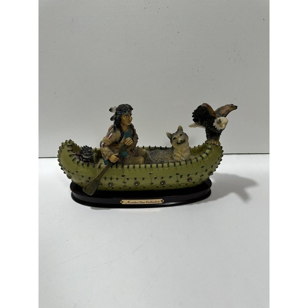 Native American Indian in Canoe w/ Wolf & Eagle Resin Sculpture Number One‎ VTG
